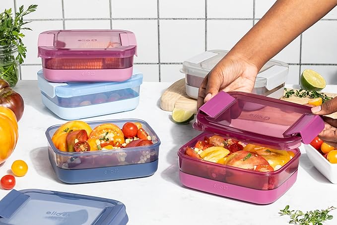 Ello Plastic 3.7 Cup Meal Prep Set 10 Pc, 5 Pack Set - BPA Free Plastic Food Storage Container with Silicone Boot and Airtight Lids, Dishwasher, Microwave, and Freezer Safe, Elderberry