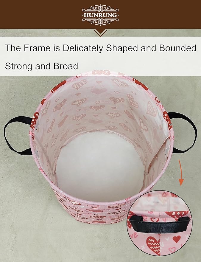 HUNRUNG Laundry Hamper,Large Canvas Fabric Lightweight Storage Basket Toy Organizer Dirty Clothes Collapsible Waterproof for College Dorms（Round-Pink Love Heart）