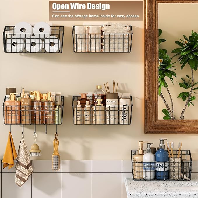 Sonyabecca 6 Pack Hanging Wall Basket for Organizing, Large Wire Basket for Storage Pantry with 5 S Hook+6 Adhesive Hook, Wall Mounted Shelf for Kitchen Bathroom