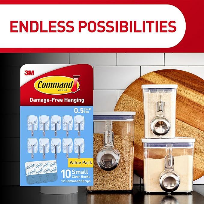 Command Small Clear Wire Toggle Hooks, 20 Count with 24 Strips, Damage-Free Adhesive for Wall Hanging and Storage, Holds up to 0.5 lb