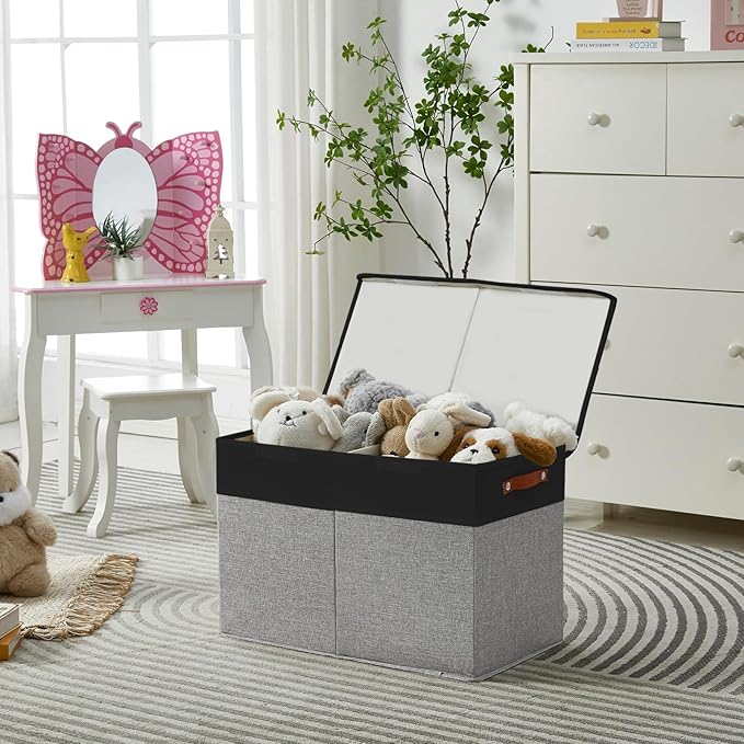 Large Toy Storage Box with Lids, Collapsible Sturdy Baby Storage Organizer Chest Bin Basket for Kids, Boys, Girls, Playroom, Nursery, Bedroom, Closet 25"x13"x16" (Gray and Black)
