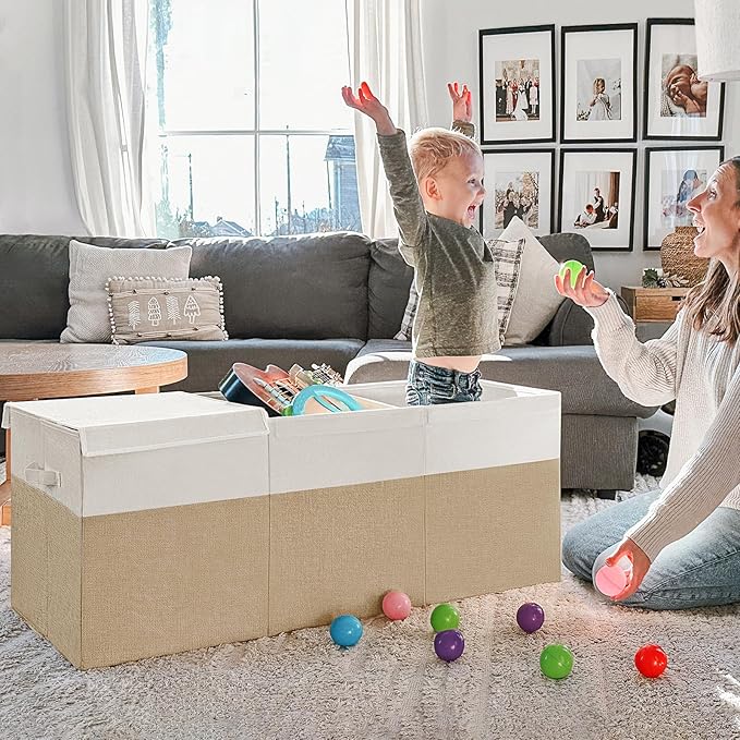 INDRESSME 185L Extra Large Toy Box, Toy Storage Organizer Collapsible Storage Bins with Lids Toy Chest for Playroom, Living Room, Toy Baskets Storage Kids, Boys Girls 39" x 17" x 17" (Beige & White)