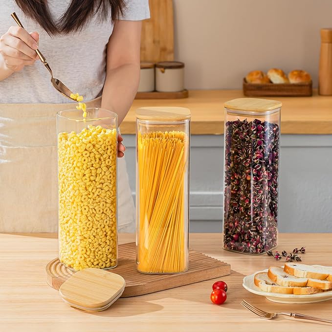 73 Oz Glass Storage Jars with Bamboo Lids - 3 Pack Clear Glass Canisters Square Airtight Stackable Ideal for Pantry Storage Containers Great for Storing Oats Coffee Beans Pasta Flour Rice etc