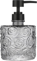 Marcella Glass Soap Dispenser with Soap Pump, Refillable 14 Ounce Capacity, Floral Design Rose Patterns, Heavy Weight Thick Glass for Bathroom, Premium Kitchen Soap Dispenser Gray