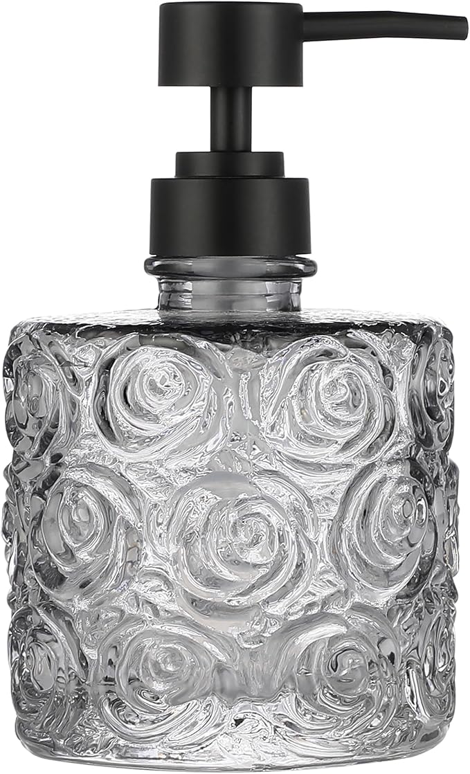 Marcella Glass Soap Dispenser with Soap Pump, Refillable 14 Ounce Capacity, Floral Design Rose Patterns, Heavy Weight Thick Glass for Bathroom, Premium Kitchen Soap Dispenser Gray