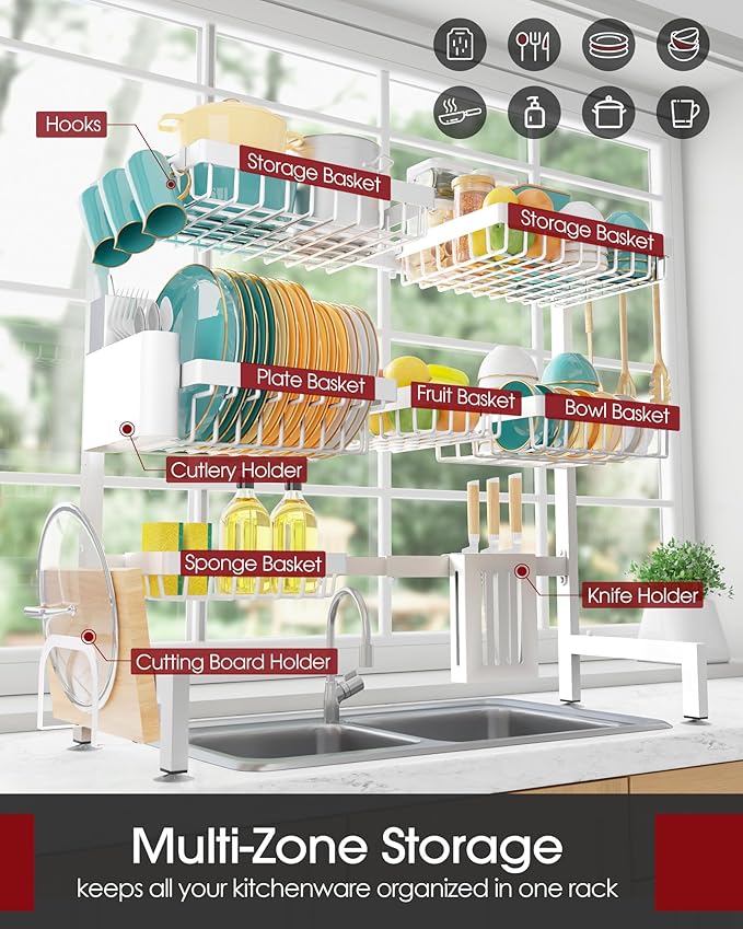 Over The Sink Dish Drying Rack - Adjustable 3 Tier XX-Large Capacity Stainless Steel Drainer with Cutlery & Utensil Holders, Kitchen Storage & Organization, 31.5"-39.5"L x 12"W x 30.5"H, White