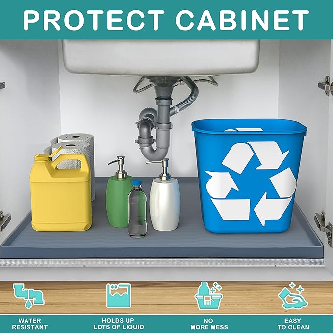 URMONA Waterproof Silicone Under Sink Mat 28'' x 22'' Shelf Liner for Kitchen and Bathroom, Cabinet and Counter Protector, Storage and Organizers, Litter Mat, Pet Cat Puppy Essentials(Green)