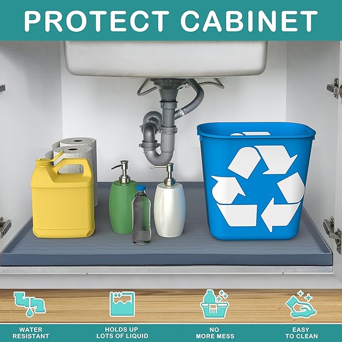 URMONA Waterproof Silicone Under Sink Mat 34'' x 22'' Shelf Liner for Kitchen and Bathroom, Cabinet and Counter Protector, Storage and Organizers, Litter Mat, Pet Cat Puppy Essentials(Light Grey 1pcs)