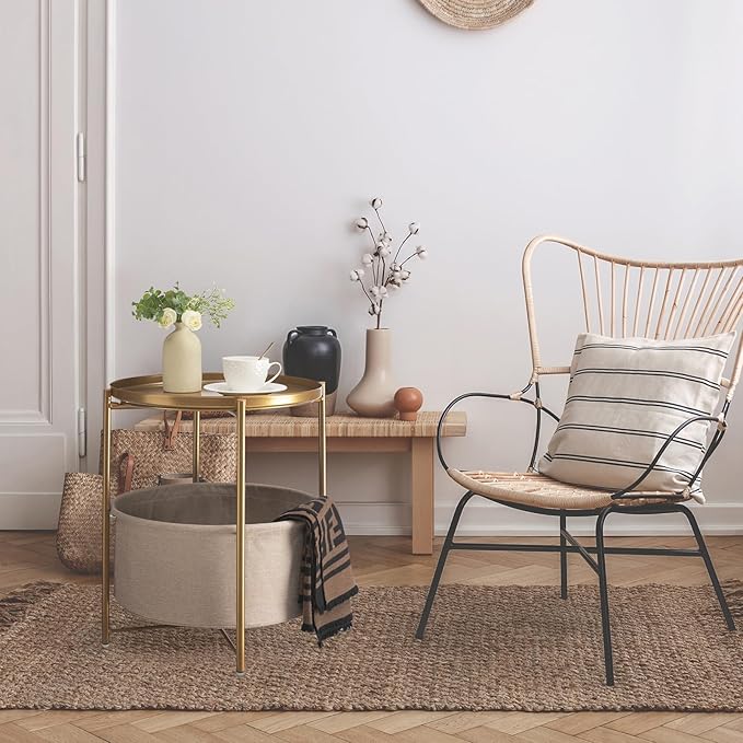 danpinera Round Side Table with Fabric Storage Basket, Metal Side Small Bedside Table Nightstand with Removable Tray Top for Living Room, Bedroom, Nursery, Bathroom, Gold