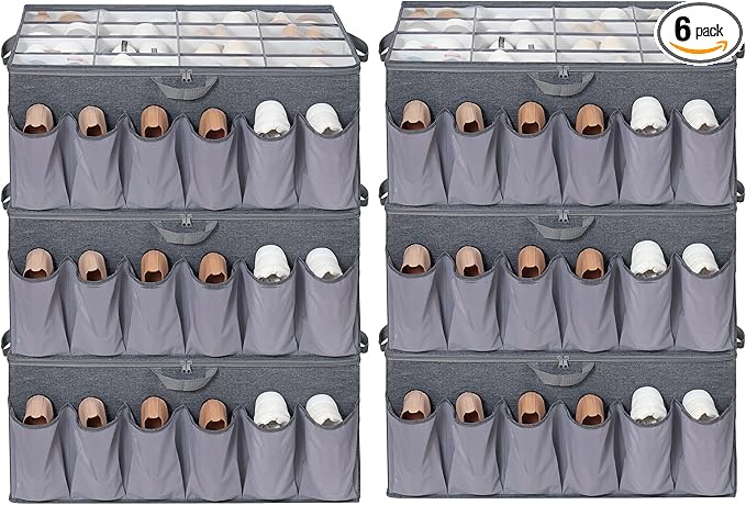Extra Large Fabric Shoe Organizer for Closet, Fits up to 28 Pairs, Foldable Shoe Storage Bin Containers with Adjustable Dividers and Clear Cover, Grey, 6 Pack