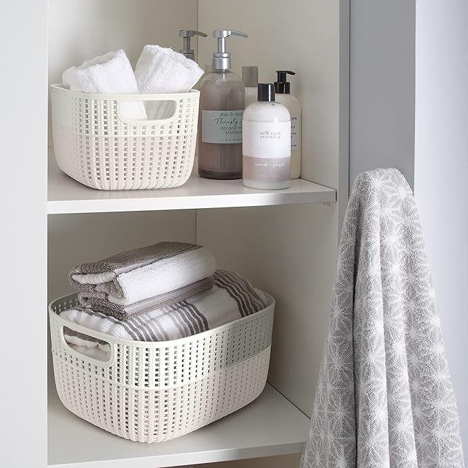 Simplify 2 Pack 2 Tone Sailor Knot Plastic Storage Tote | Decorative Basket | Closet Organization | De-clutter | Accessories | Toys | Bathroom Organization | Medium | Ivory