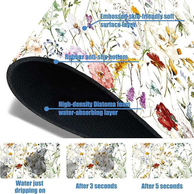 Sink Faucet Absorbing Mat Wildflower Sink Splash Guard Drying Mat for Kitchen Bathroom Faucet Sinkmat 15.5"X5.5"