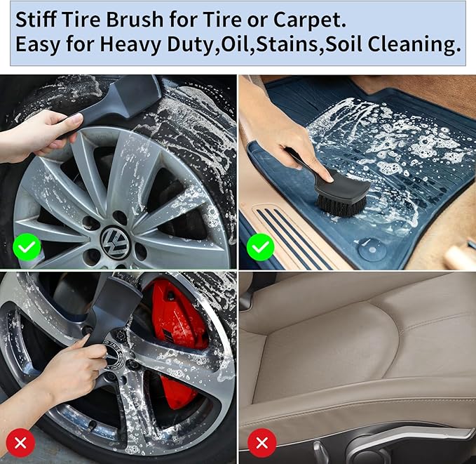 Wheel Rim & Tire Brush Set, Soft & Stiff Bristle Wash Cleaning Supplies Kit for Car Body Exterior Surface, Carpet, Truck,SUV,RV,Motorcycle