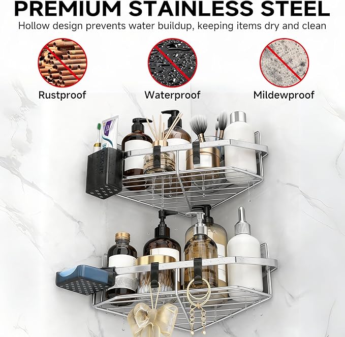 Corner Shower Caddy, 5-Pack Adhesive Shower Corner Organizer Shelves, No Drilling Stainless Steel Shower Storage Rack with Soap&Toothpaste Holder for Bathroom, Dorm and Kitchen (silver)