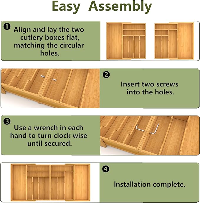 Suli Large Silverware Drawer Organizer，Adjustable Kitchen Flatware for Forks Knives and Spoons， Bamboo Cutlery Utensil Holder,Expandable from 22in-37in，Natural Bamboo