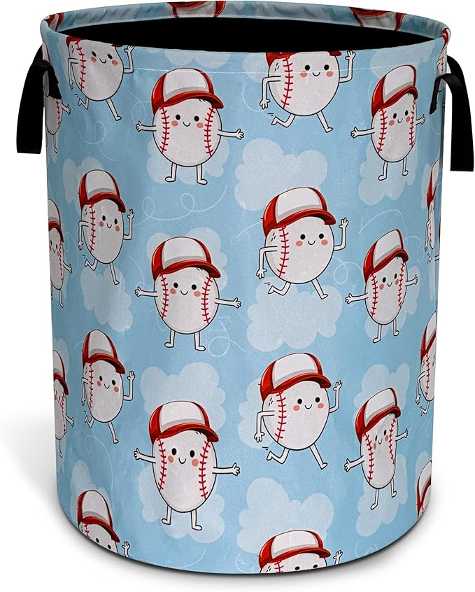 Cute Baseball Laundry Basket Oxford Cloth Funny Ball Cartoon Laundry Hamper With Handle Foldable Portable Clothes Storage Basket 18.9 X 16.5 In Storage Bag For Laundry Room/Bathroom/Bedroom