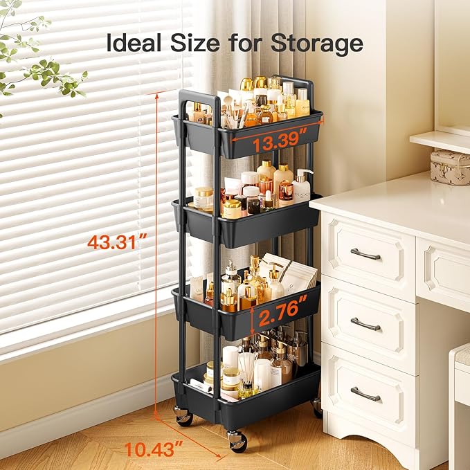 Pipishell 4-Tier Rolling Cart, Plastic Cart with Lockable Wheels & Reinforced Handle, Lightweight Utility Storage for Nursery, Bathroom, Craft Room, Black