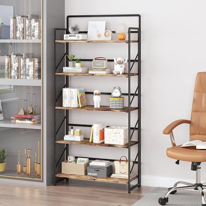 JSB Folding Bookshelf,Industrial Storage Shelves, No Assembly Vintage Wood Look Bookshelf with Storage Shelves for Living Room, Bedroom, Office (Fire Brown, Wide 5-Tier)