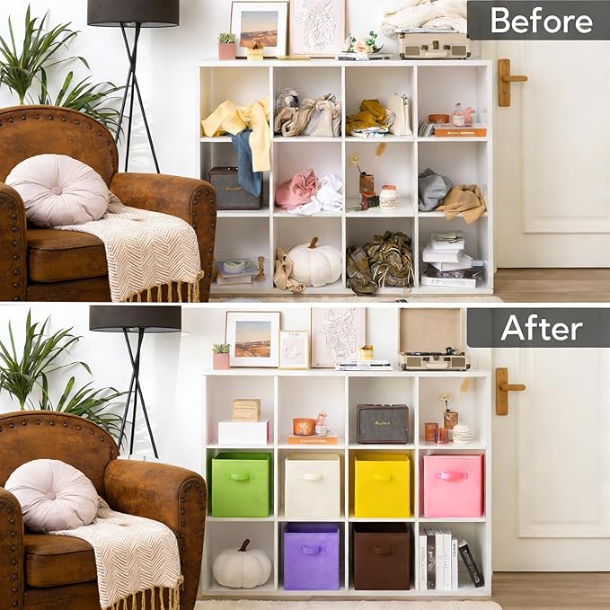9 Pack Cube Storage Bins, 11 Inch Collapsible Fabric Storage Baskets, Multi Colored Storage Cubes with Handles, Foldable Cube Drawer for Home, Closet, Shelves, Toys Organization