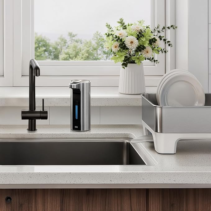 EKO Aroma Pro 13.5 fl oz Touchless Automatic Liquid Soap Dispenser, Rechargeable Hand & Dish Soap Dispenser for Bathroom and Kitchen, Waterproof, Adjustable Volume Control (Stainless Steel)