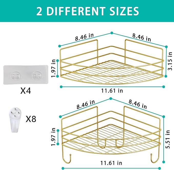 Corner Shower Shelves with 4 Hooks, 2-Tier Stainless Steel Bathroom Shower Organizers, Wall Mounted Caddy Shelves No Drilling with Adhesive, Triangle Storage Shelf for Toilet, Dorm and Kitchen, Gold