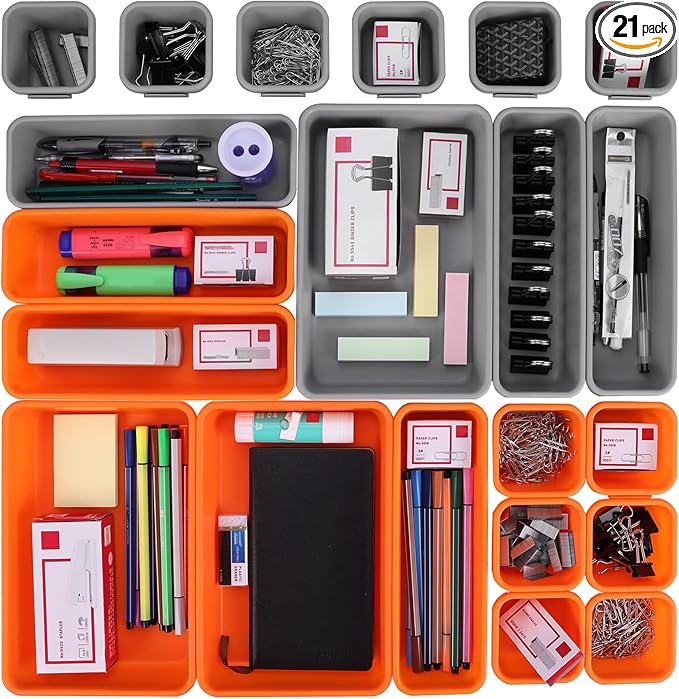 ValueMax 21 PCS Desk Drawer Organizer Set, PP Material Interlocking Drawer Organizer Bins for Office, Vanity, Garage and Bathroom, Non-Silp and Two-Tone Stackable Design, Orange & Gray