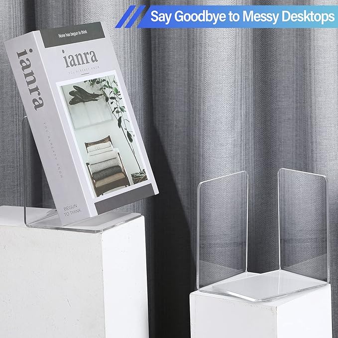 Eaasty 12 Pcs/ 6 Pairs Clear Acrylic Bookends for Shelves Heavy Duty Book End Desktop Organizer Bookshelf L Shaped Dividers Book Stopper for School Office Home Library File Movies CD