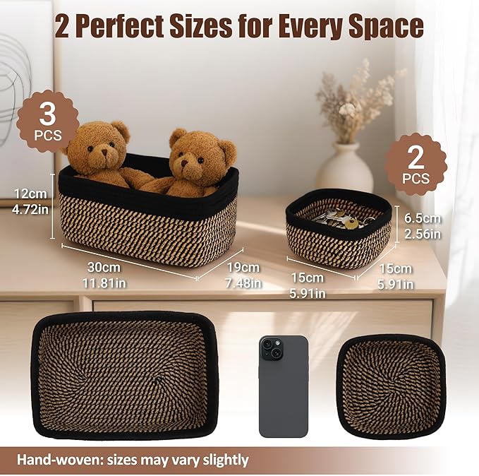 5-Pack Small Woven Rope Storage Baskets – 2 Sizes Organizer Bins for Closet, Shelf, Bookshelf, Nursery, Changing Table, Fabric Cube Boxes, Rectangular Shallow Bins for Bathroom, Toy & Home