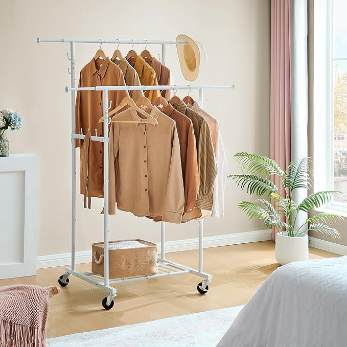 Gewudraw Double Rod Garment Rack, Heavy Duty Rolling Clothes Rack with Wheels For Hanging Clothes, Portable Metal Clothing Rack with Shelves,White, 64.2in Chrome