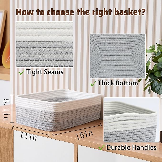 Large Shallow Organizing Baskets 15x11x5.1 Inches - Rope Woven Storage Bins for Bathroom, Shelves, Cube Closet, Gradient Grey 4 Packs