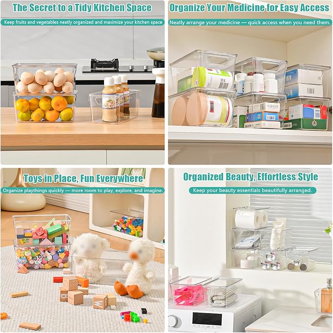 6 Pack Clear Storage Bins with Lids, Small Acrylic Arts and Craft Storage Containers, Stackable Clear Plastic Craft Storage Bins with Handles for Pantry Organizers and Storage, Kitchen, Fridge, Office