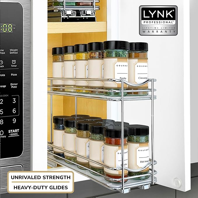LYNK PROFESSIONAL® Pull Out Spice Rack Organizer for Inside Kitchen Cabinets - 4-3/8 inch Wide - Slide Out Drawer – Chrome Sliding Spice Organization for cabinet - Spice Racks - 2 Tier