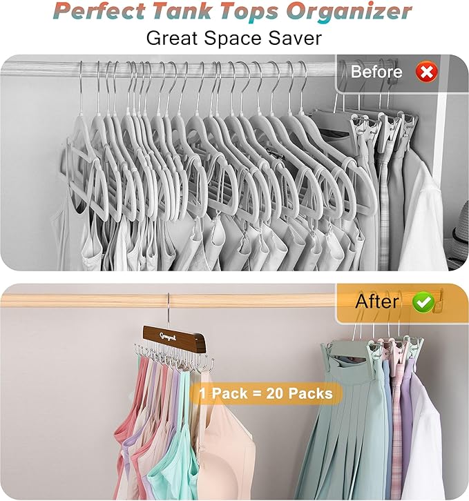 Bra Hanger for Closet, 2 Pack Tank Top Hangers w/20 Hooks Holds 40 Bras, Capacity Foldable Wood Space Saving Hanger, 360°Rotating Closet Organizers and Storage for Dorm & Apartment（Brown）