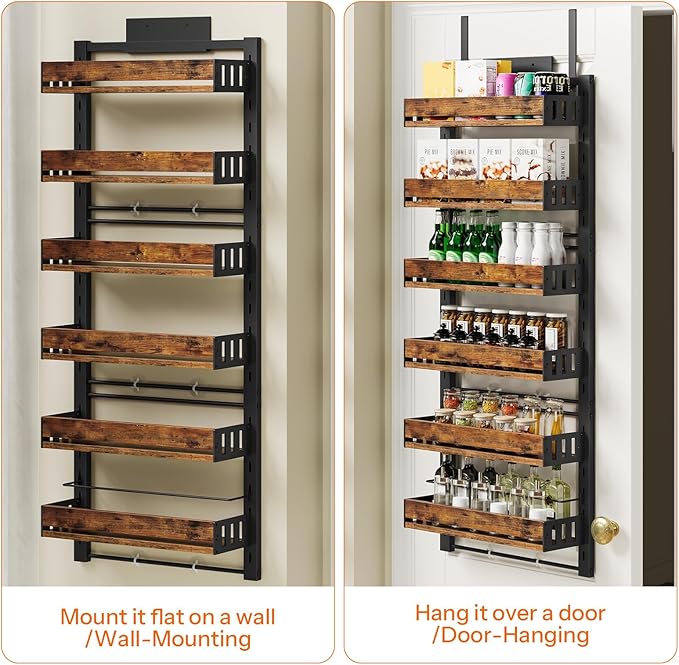 HOOBRO Over the Door Pantry Organizer, 6-Tier Hanging Spice Rack with Adjustable Shelves for Kitchen, Bathroom and Closet Storage, Door/Wall Storage Organizer, Rustic Brown and Black BF60TL01