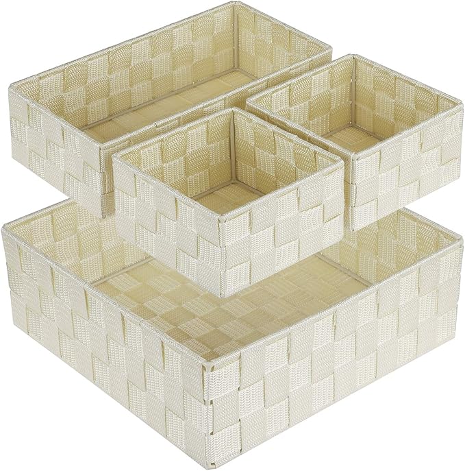 Posprica Woven Storage Baskets for Organizing, Small Black Baskets Cube Bin Container Tote Organizer Divider for Drawer, Closet, Shelf, Dresser, Set of 4(Beige)