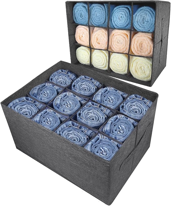 2Pcs Closet Organizers and Storage Bins for Clothes - 12 Cell Drawers Organizer Grid Storage Box for Jeans Pants Sweater Towel T-shirts, Wardrobe Shelf Dividers Closets Organization