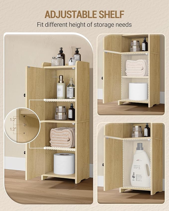Bathroom Storage Cabinet, Small Corner Floor Cabinet with 2 Doors and Adjustable Shelf, Narrow Toilet Paper Cabinets, Bathroom Organizer for Small Spaces, 7.9" D x 9.8" W x 29.5"Rattan Yellow