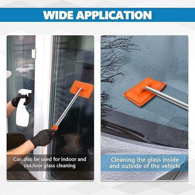 Car Windshield Cleaning Tool, Car Windshield Window Cleaner, Auto Glass Wiper Tool with Extendable Handle & Reusable Microfiber Pad, Universal Vehicle Cleaning Car Accessories (Orange)