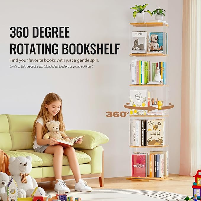 5-Tier Rotating Bookshelf, 360° Spinning Book Shelf Tower with Solid Wood & Clear Acrylic, Square Revolving Bookcase for Kids Room, Living Room, Bedroom and Office