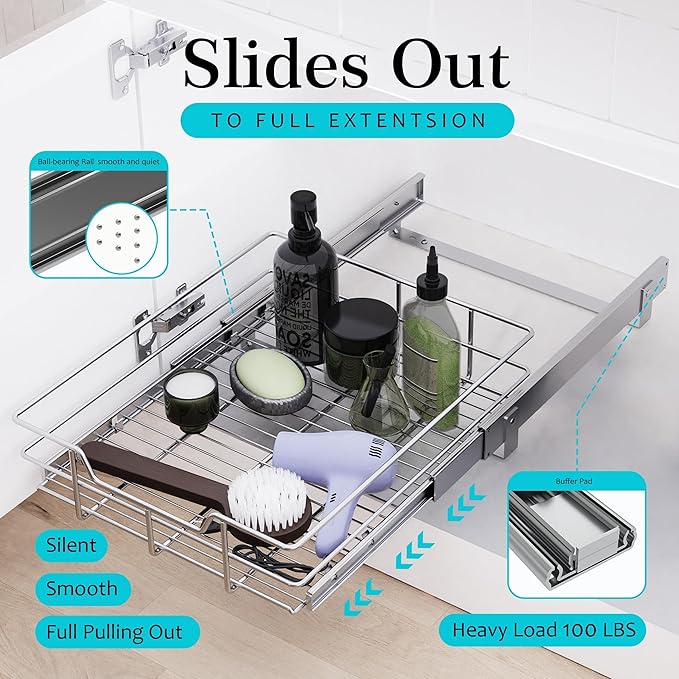 Pull Out Cabinet Organizer 14" W X 22" D, Slide Out Drawers For Kitchen Organizers and Storage, Pull Out Drawers For Cabinets Capacity Heavy Duty Caddy, Cabinet Shelves Chrome-Plated, Bathroom Pantry
