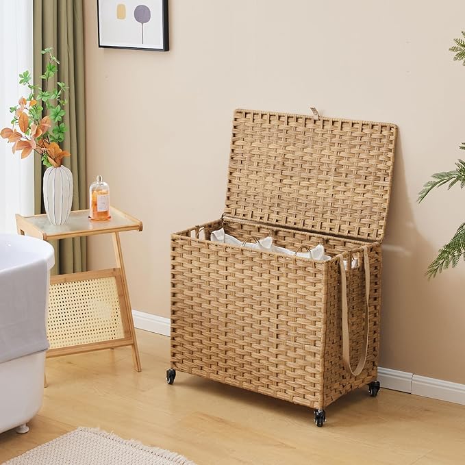 Laundry Hamper with Wheels, 34.3 Gallon(130L) Rolling Laundry Basket with Lid, 3-Section Rattan Clothes Hamper with 3 Removable Liner & 3 Mesh Bags, Laundry Sorter with Side Pocket, Natural