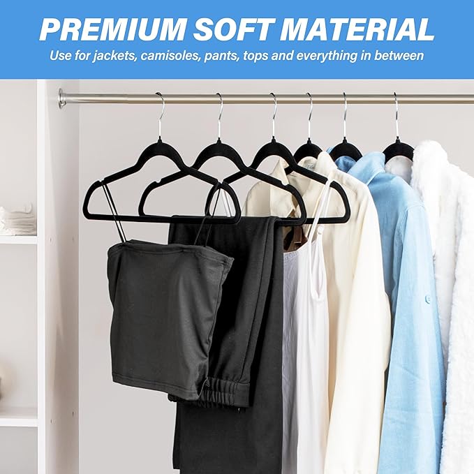 YSSOA Heavy Duty Velvet Hangers 50 Pack, 360° Swivel Hooks, Non-Slip Clothes Hangers with Shoulder Notches, Black