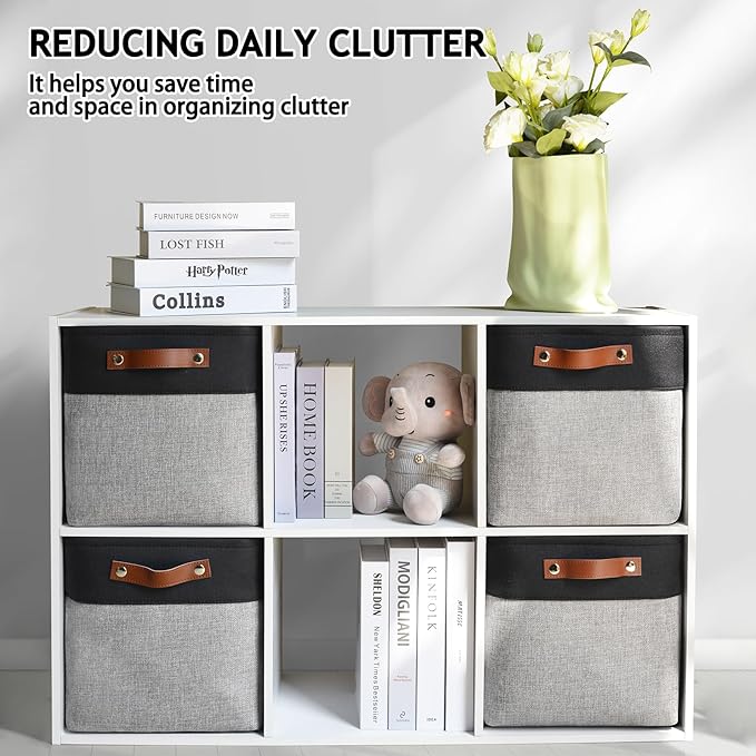 4-Pack Foldable Fabric Storage Cubes 11x11 Inch, Sturdy Cube Organizer Bins with Leather Handles, Storage Baskets for Closet Shelves and Home Organization(Dark/Gray)