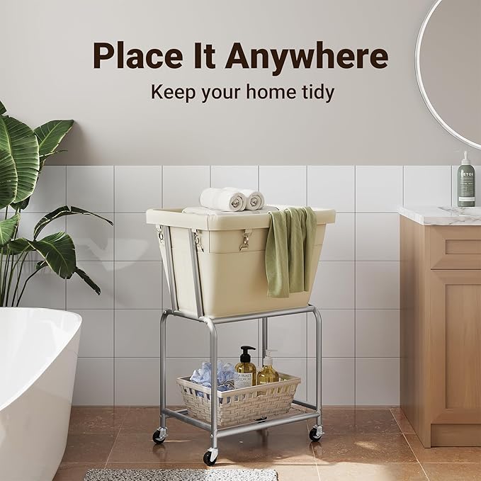 ELYKEN Laundry Cart with Wheels, Rolling Laundry Hamper with Removable Bag and Shelf, Metal Frame Laundry Basket with 4 Casters and 2 Brakes, Ideal for Bedroom, Bathroom, Laundry Room, Cream
