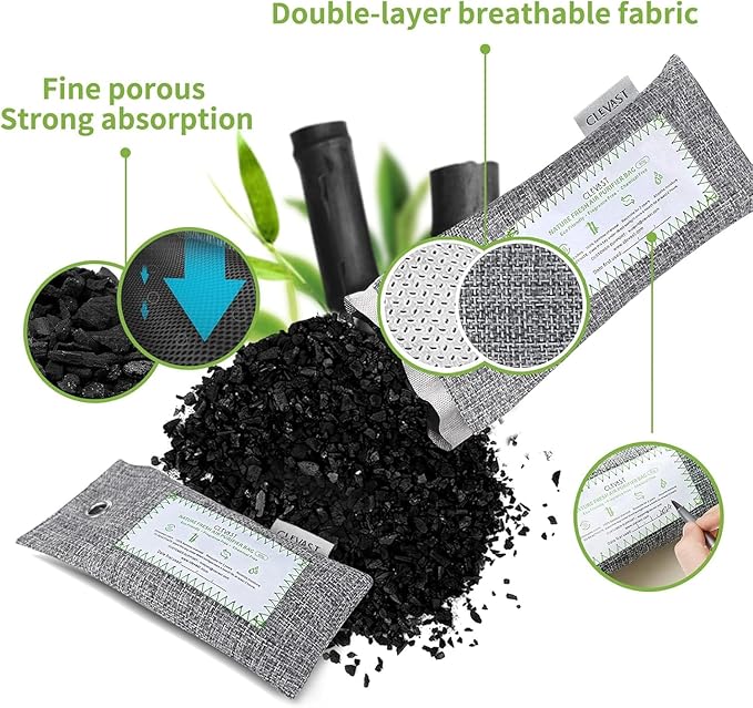 CLEVAST Activated Bamboo Charcoal Odor Absorber - 6 x 60g Air Purifying Bags Natural Fresh, Deodorizer and Moisture Eliminator for Home, Closet, Shoes, Car Air freshener Grey