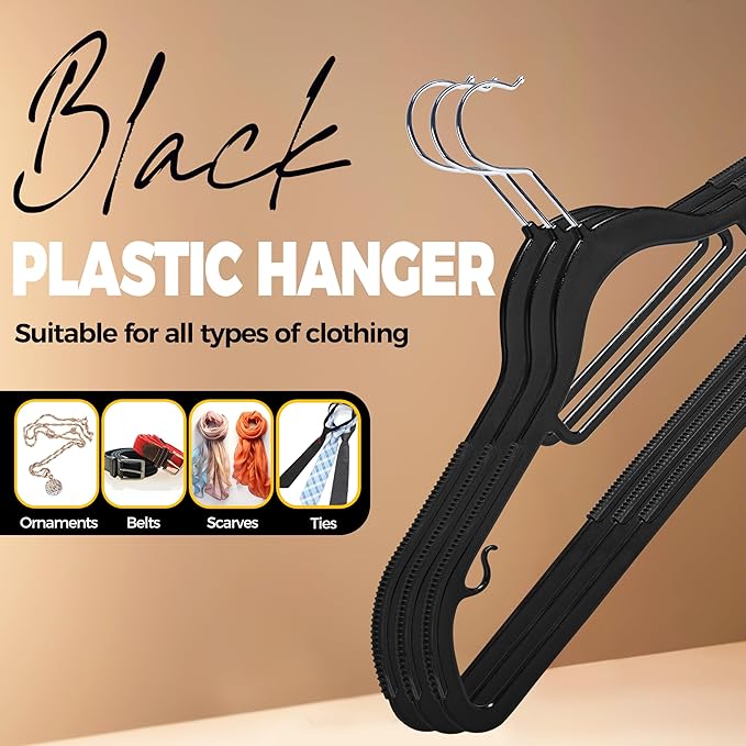 Quality Clothes Hangers 50 Pack - Non-Velvet Plastic Hangers for Clothes - Heavy Duty Coat Hanger Set - Space-Saving Closet Hangers with Black Swivel Hooks - Functional Non-Flocked