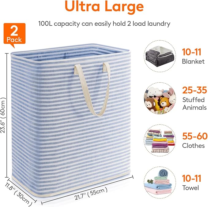 Lifewit 2 Pack Laundry Hamper Large Collapsible Laundry Baskets, Freestanding Waterproof Clothes Hamper with Easy Carry Handles in Laundry Room Bedroom Bathroom College Dorm, Blue, 2 x 100L