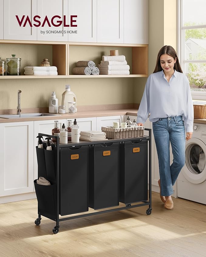 VASAGLE Laundry Hamper, Laundry Sorter Rolling Cart with Shelves, Small Side Pockets, 6 Labels, 3 Compartments, 39.6 Gal. (150 L), Ink Black and Ash Brown UBLH223BH01