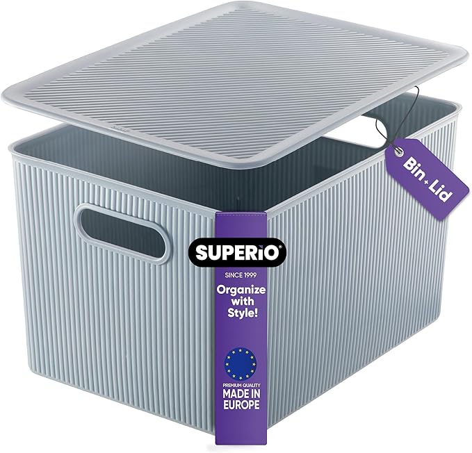 Superio Ribbed Collection - Decorative Plastic Basket Open Home Storage Bins Organizer, Blue Containers for Organizing Closet Storage Bins for Shelves (Bin with Lid- Extra Large (22 Liter), 1 Pack)