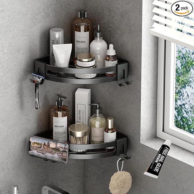VOLPONE Corner Shower Caddy with Razor Holder Adhesive Shower Shelf Corner No Drilling (adhesive mounting, no suction cup) Bathroom Shower Organizer Storage Rack (2-Pack, Black)